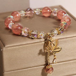 Buddha Gift Natural Strawberry Quartz Healing Positive Butterfly Charm Bracelet