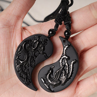 Buddha Gift Black Obsidian Yin Yang Dragon Phoenix Luck Necklace Pendant