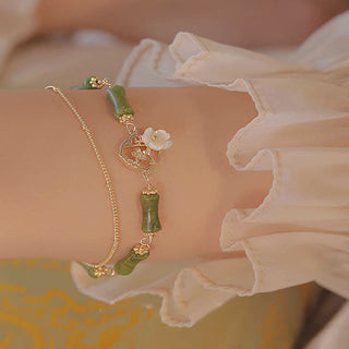Buddha Gift 14k Gold Plated Copper Peridot Bamboo Flower Wealth Double Layer Bracelet