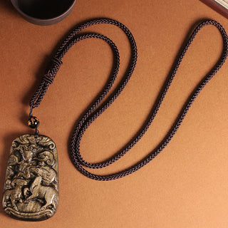 Buddha Gift Gold Sheen Obsidian Three Goats Bring Good Luck Pattern Wealth Necklace Pendant