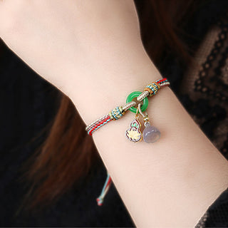 Buddha Gift Colorful Rope Chalcedony Lotus Jade Peace Buckle Harmony Gourd Charm Bracelet