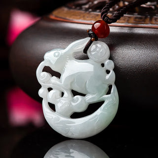 Buddha Gift Year of the Rabbit White Jade Crescent Moon Protection Necklace Pendant