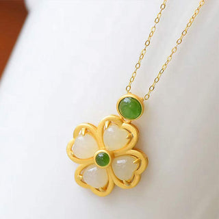 Buddha Gift 925 Sterling Silver Lucky Four Leaf Clover Jade Prosperity Necklace Chain Pendant