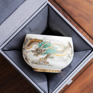 Buddha Gift Dragon Phoenix Auspicious Clouds Ceramic Teacup Kung Fu Tea Cup With Gift Box