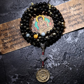 Buddha Gift 108 Mala Beads Gold Sheen Obsidian Tiger Eye Eagle's Eye Stone Wealth Bracelet