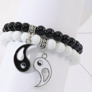 Buddha Gift 2Pcs Black Onyx White Turquoise Bead Yin Yang Protection Couple Bracelet