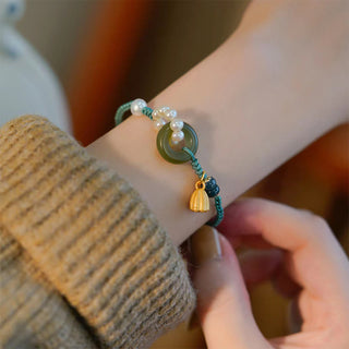 Buddha Gift Natural Hetian Jade Peace Buckle Pearl Luck Handcrafted Braided Bracelet