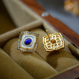 Buddha Gift 925 Sterling Silver Tridacna Stone Lazurite Prismatic Design Blessing Earrings Necklace Pendant Jewelry Set