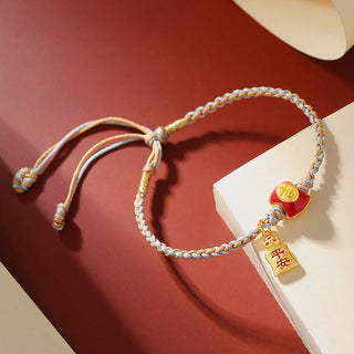 Buddha Gift 925 Sterling Silver Handmade Auspicious Chinese Character Blessing Braided String Bracelet