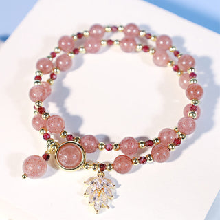 Buddha Gift Natural Strawberry Quartz Love Healing Maple Leaf Charm Double Wrap Bracelet