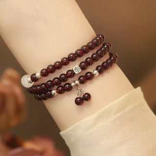 Buddha Gift 925 Sterling Silver Natural Garnet Cat Eye Protection Triple Wrap Bracelet