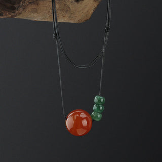 Buddha Gift Red Agate Green Aventurine Green Bodhi Seed Bead Calm Leather Rope Necklace Pendant