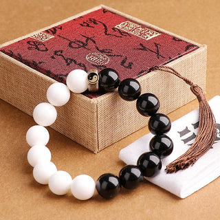 Buddha Gift 925 Sterling Silver Black Obsidian White Shell Yin Yang Strength Bracelet