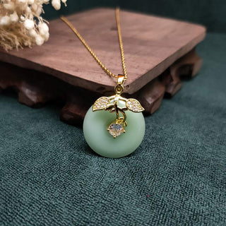 Buddha Gift Round Jade Leaf Blessing Fortune Necklace Chain Pendant