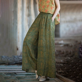 Buddha Gift Green Yellow Ramie Linen Flexible Waistband Wide Leg Pants With Pockets