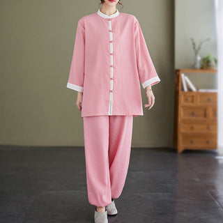 Buddha Gift 2Pcs Vintage Long Sleeve Shirt Top Pants Meditation Zen Tai Chi Cotton Linen Clothing Women's Set