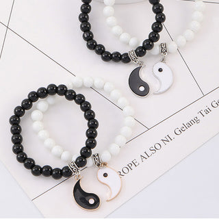 Buddha Gift 2Pcs Black Onyx White Turquoise Bead Yin Yang Protection Couple Bracelet