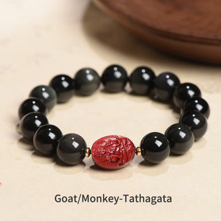 Buddha Gift Chinese Zodiac Natal Buddha Natural Black Obsidian Cinnabar Purification Bracelet
