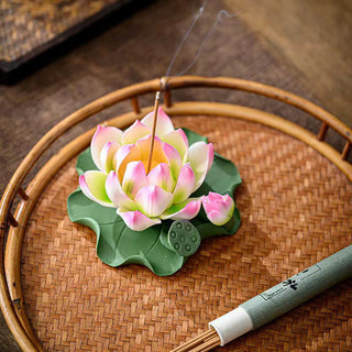 Buddha Gift Lotus Flower Leaf Pod Spiritual Healing Ceramic Stick Incense Burner Decoration