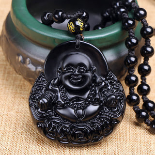 Buddha Gift Laughing Buddha Black Obsidian Strength Protection Pendant Necklace