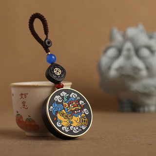 Buddha Gift PiXiu Copper Coin Ebony Wood Luck Attract Wealth Key Chain Decoration