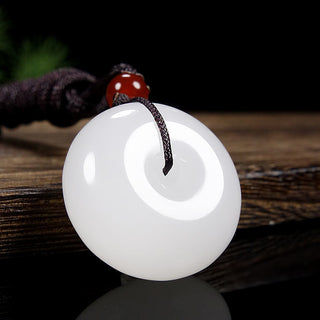 Buddha Gift Round Hetian White Jade Peace Buckle Blessing Necklace Pendant