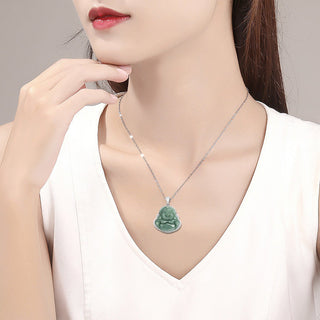 Buddha Gift 925 Sterling Silver Laughing Buddha Jade Abundance Necklace Chain Pendant