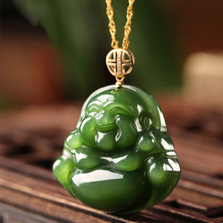 Buddha Gift 925 Sterling Silver Laughing Buddha Hetian Cyan Jade 18K Gold Success Necklace Chain Pendant