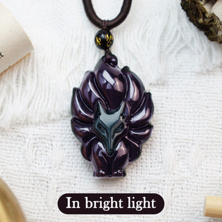 Buddha Gift Natural Rainbow Obsidian Gold Sheen Obsidian Nine Tailed Fox Positive Necklace Pendant
