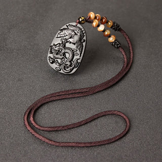Buddha Gift Black Obsidian Tiger Eye Dragon Phoenix Protection Beaded Necklace Pendant
