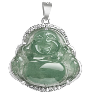 Buddha Gift 925 Sterling Silver Laughing Buddha Natural Jade Luck Prosperity Necklace Chain Pendant