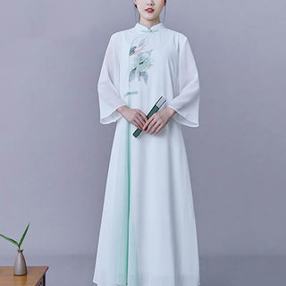 Buddha Gift 2Pcs Flower Three Quarter Sleeve Midi Dress Skirt Chiffon Zen Clothing Women's Set