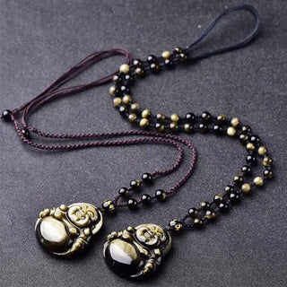 Buddha Gift Laughing Buddha Gold Sheen Obsidian Wealth Necklace Pendant