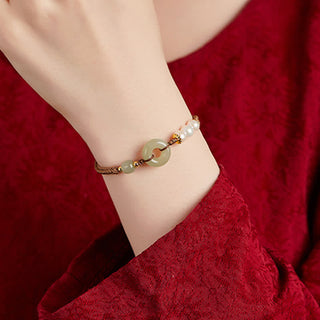 Buddha Gift Natural Hetian Jade Pearl Peace Buckle Luck Bracelet