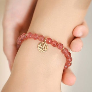 Buddha Gift 14K Gold Plated Strawberry Quartz Fu Character Healing Charm Bracelet