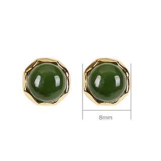 Buddha Gift 925 Sterling Silver Plated Gold Natural Hetian Cyan Jade Bead Luck Stud Earrings