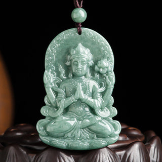 Buddha Gift Four-armed Avalokitesvara Natural Jade Amulet Blessing String Necklace