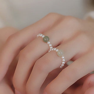 Buddha Gift Round Jade Pearl Beads Luck Ring