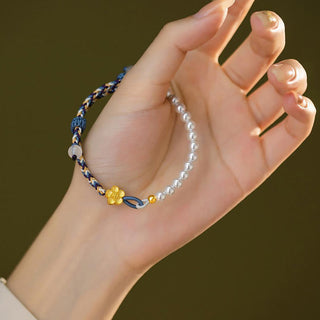 Buddha Gift 925 Sterling Silver Peach Blossom Pearl Chalcedony Healing Rope Bracelet