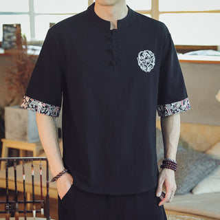 Buddha Gift Frog-Button Dragon Embroidery Chinese Tang Suit Short Sleeve Shirt Linen Men Clothing
