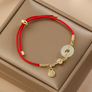 Buddha Gift 18K Gold Plated Hetian Jade Peace Buckle Fu Character Luck Red Rope Bracelet