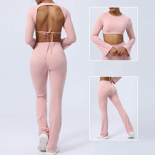 Buddha Gift Long Sleeve Backless Strap Top Bra Flare Pants Fitness Yoga Outfit