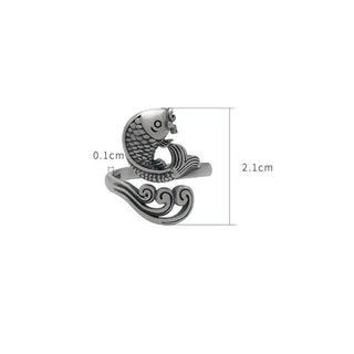 Buddha Gift 925 Sterling Silver Koi Fish Water Ripple Luck Wealth Ring