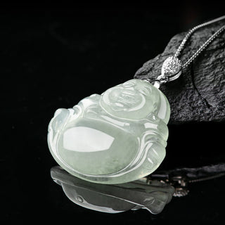 Buddha Gift 925 Sterling Silver Natural Jade Laughing Buddha Prosperity Abundance Chain Necklace Pendant