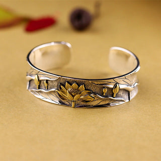 Buddha Gift 925 Sterling Silver Lotus Flower Calm Bracelet Adjustable Bangle