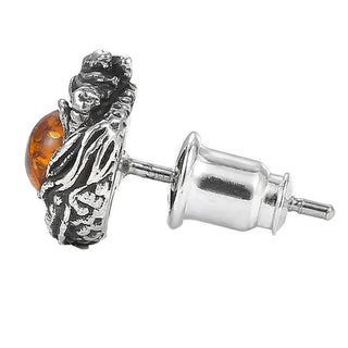 Buddha Gift 925 Sterling Silver Natural Amber Dragon Success Protection Stud Earring
