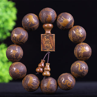 Buddha Gift Chinese Zodiac Rosewood Ebony Copper Coin PiXiu Carved Warmth Bracelet