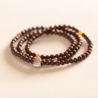 Buddha Gift 925 Sterling Silver Indian Small Leaf Red Sandalwood Fu Character Protection Triple Wrap Bracelet