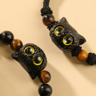 Buddha Gift Cute Ebony Wood Cat Head Pattern Peace Bracelet