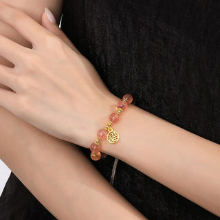 Buddha Gift 14K Gold Plated Natural Strawberry Quartz Fu Character Positive Charm Bracelet